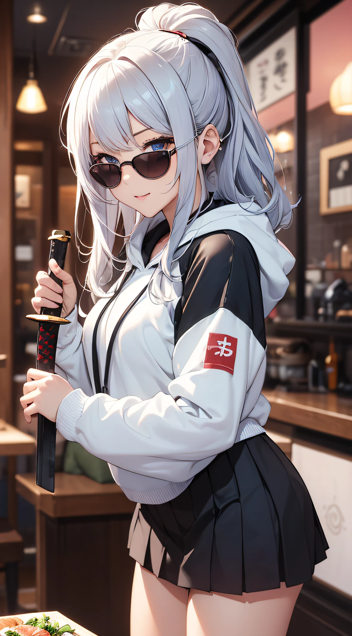 top-quality、Top image quality、masterpiece、teens girl((White and blue open-chest hoodie、Black skirt、18year old、 Ager、Best Bust、big bast,Beautiful light blue eyes, Long silver hair、A slender,Large valleys、Reflecting the whole body、Leaning forward、put red sunglasses on your eyes、jumping pose、Excited face、Drunk,Japan holding a sword)),hiquality、Beautiful Art、Background with(( sushi restaurant))masterpiece、depth of fields,