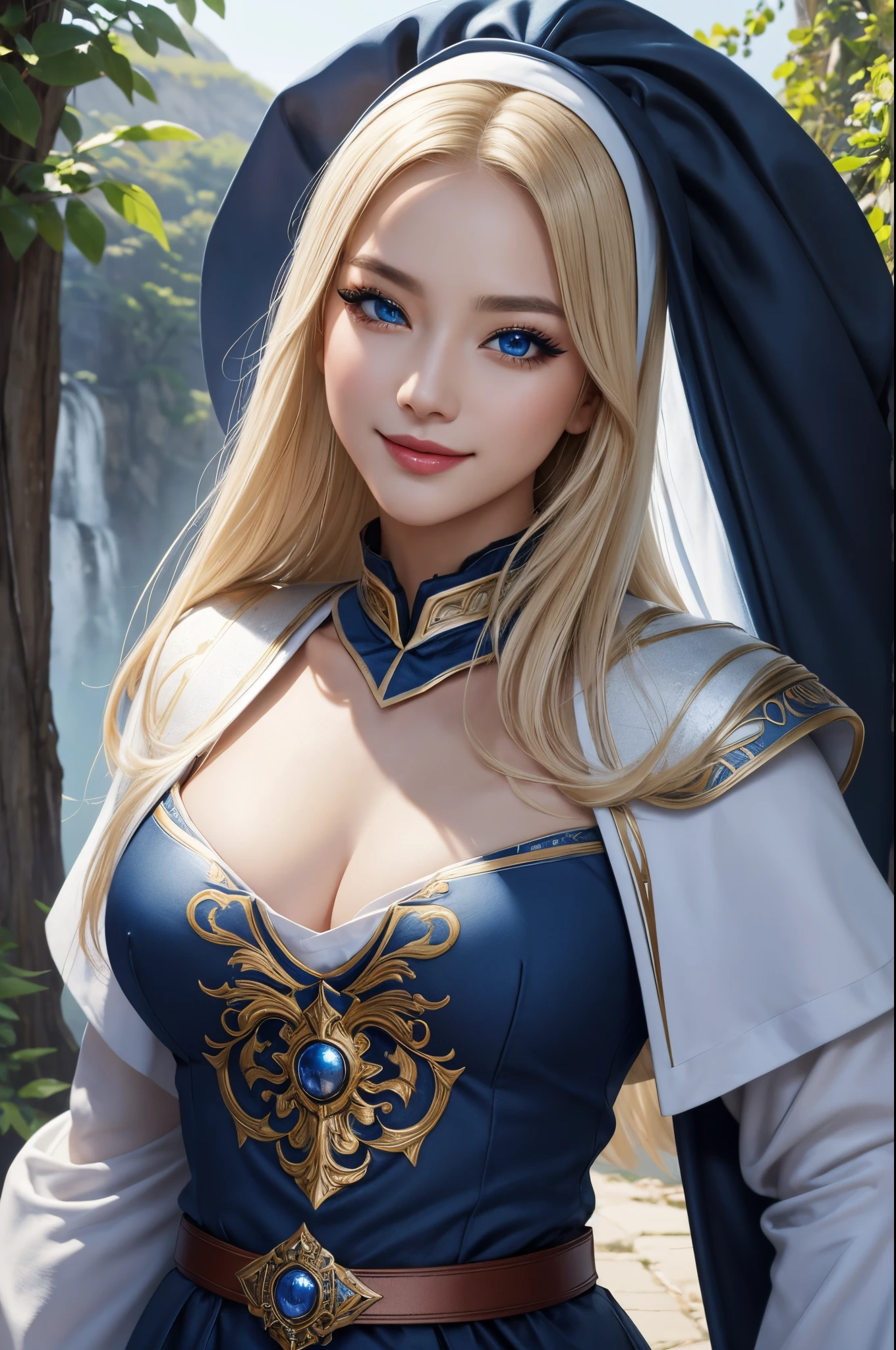 8K,(masterpiece:1.2), (top-quality:1.2), perfect eyes, face perfect, volume illumination, 1, Warrior nun, Super Beautiful(Like the real thing), super realistic skin,Blue eyes,large full breasts,s Armor, luxurious blue and white robe, lean muscular body,blonde hair, pauldron, The sword, a belt, grim facial expression, Fantasia, plein air, 细致背景, makeup, lipsticks, eyeshadows, mascara, Thick lashes,A sexy,超A high resolution,A hyper-realistic,a smile,Muscular macho man with a slim body,