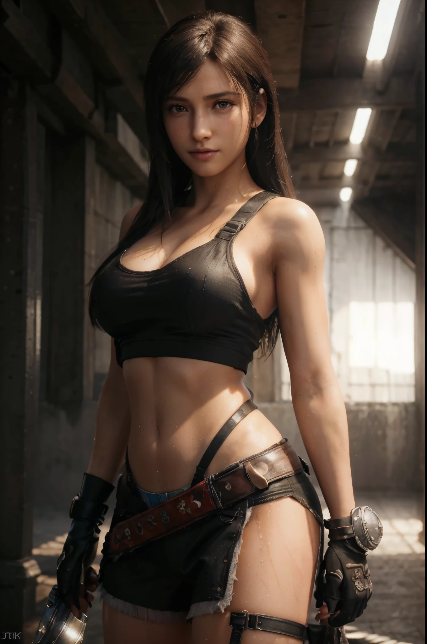 tifa ff7, (masterpiece, best quality:1.2),(8k,highres,RAW photo,realistic,photo-realistic:1.3),(detailed skin texture,detailed cloth texture,beautiful detailed face:1.25),professional lighting,photon mapping,beautiful soft light,radiosity,physically-based rendering,model shoot style, model shoot style, (extremely detailed CG unity 8k wallpaper), full shot body photo of the most beautiful artwork in the world, complex 3d render ultra detailed, looking at viewer, 18 yo, wet hair, real human skin, vibrant details, hyperrealistic, beautiful, octane render, 8k, best quality, masterpiece, an extremely delicate and beautiful, extremely detailed ,CG ,unity ,wallpaper, (realistic, photo-realistic:1.37),Amazing, finely detail, masterpiece,best quality,official art, extremely detailed CG unity 8k wallpaper ,extreme detailed eyes, (perfect face), shiny skin, colorful, highest detailed, vibrant colors, ultra high res, (high contrast), intricate, lens flare,