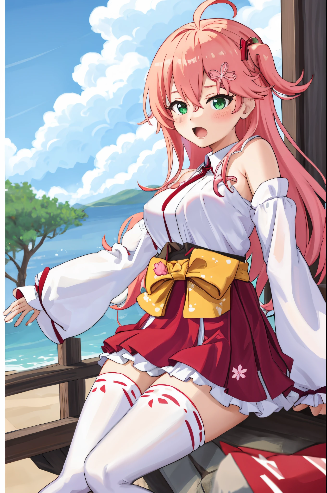 masterpiece, best quality, highres, sakura_miko, 1girl, (li:1.3),medium_breasts, kimono, solo, ahoge, x_hair_ornament, pink_hair, floral print, hairclip,(side_less_clothes:1.3), (side_breasts:1.3), hair_bell, floral print, long_hair, hair between eyes, one side up, white_thighhighs, wide sleeves, open_mouth,(happy:1.3),green_eyes,smile,apart_legs,(overly_long_sleeves:1.3),),sleeves_past_wrists,hands_hidden_sleeves,sidelock_clothes,solo,hidden_wrists,(XD:1.5),covered_nipples,sunlight,(bare_flank:1.3),boots,open_mouth,kimono,