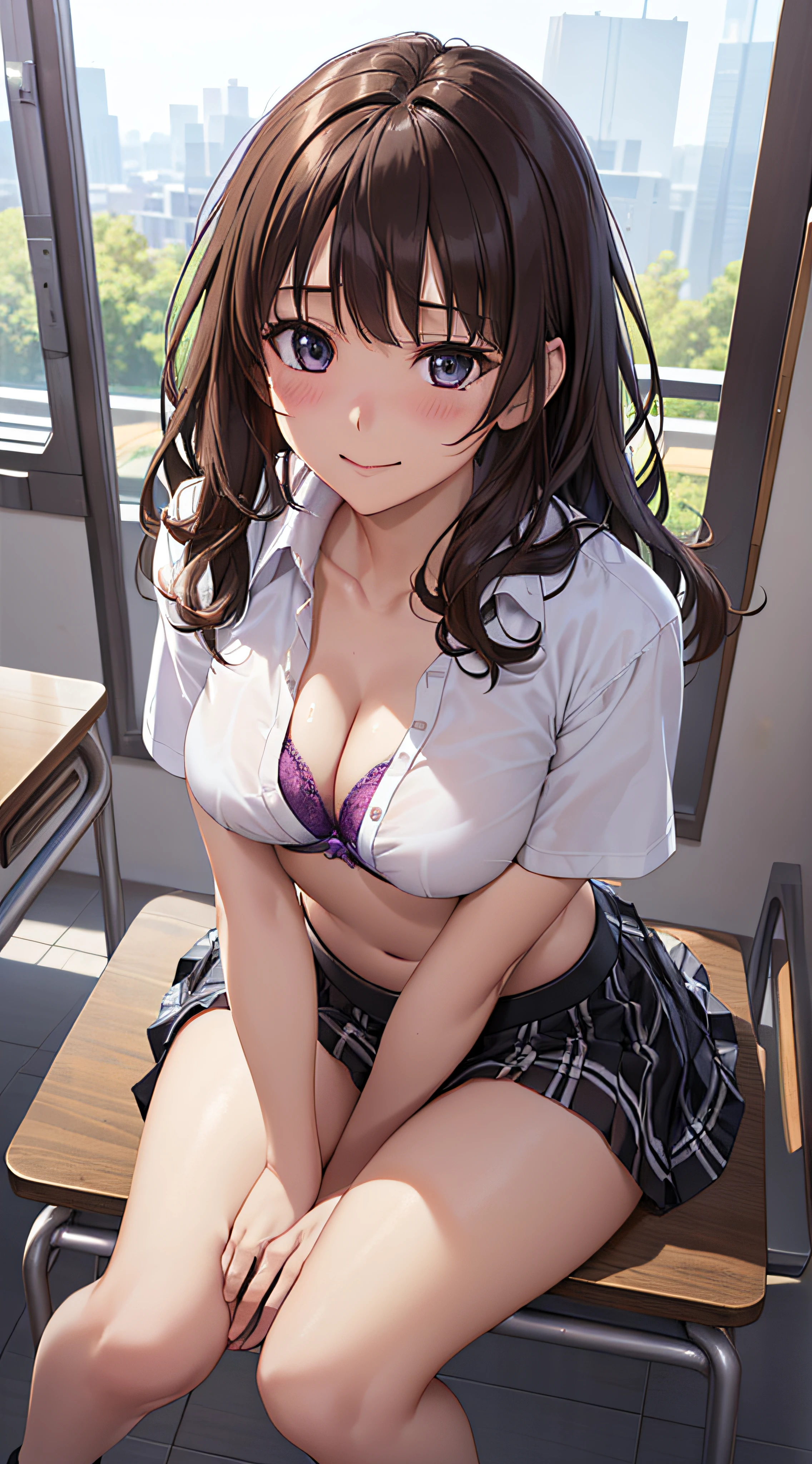 ((masutepiece, Best Quality, hight resolution, nffsw, Perfect Pixel, 4K, nffsw, nffsw))), 1girl in, Single, Solo, Beautie、full body seen、 ((Medium length wavy hair, Bangs, Brown hair)), ((Brown-eyed, Beautiful eyelashes, Realistic eyes)), ((Detailed face, Blushing:1.2)), ((Smooth texture:0.75, Realistic texture:0.65, Photorealistic:1.1, Anime CG style)), medium breasts, Dynamic Angle, Perfect body, ((School uniform, White shirt, Black skirt, Unbuttoned shirt、、plaid skirts、I'm not wearing shoes、White Sox)), Classrooms without people、Sit on a desk、Lower'I took my foot off the desk..............................、Very embarrassing panic smile、(Lift the skirt with your right hand、Open your knees wide、Open both legs、place your hands under your thighs、Light purple floral lace panties)、、(Cute floral bra)、