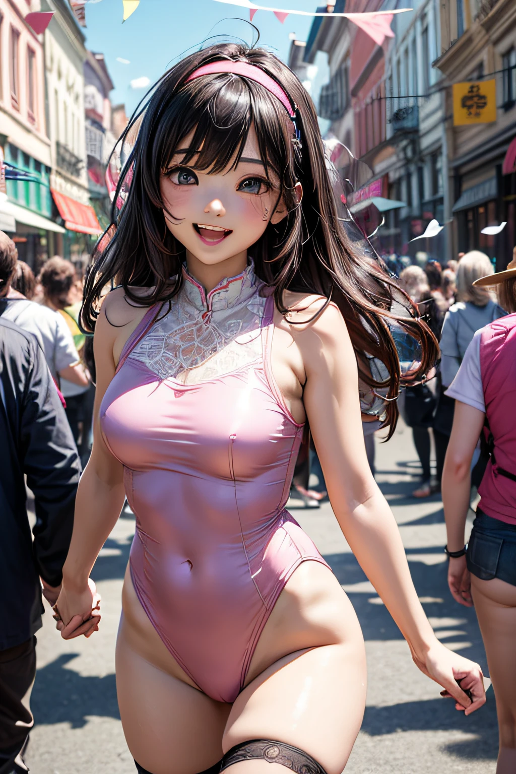 Very cute and beautiful girl,(very detailed beautiful face and eyes:1.2),(Pink leotard:1.2),(Sleeveless),(Laugh),
city street festival,(parade:1.2),(Many people wearing pastel colored costumes),a flag,empty confetti,Outdoors,depth of fields,
(Cowboy Shot),zettai ryouiki,Standing,Detailed legs,Dynamic Pose,Dynamic Angle,Black hair,Hair Band,
(Best Quality,masutepiece:1.2),Intricate details,hight resolution,Solo Focus,Natural lighting,Hair fluttering in the wind,