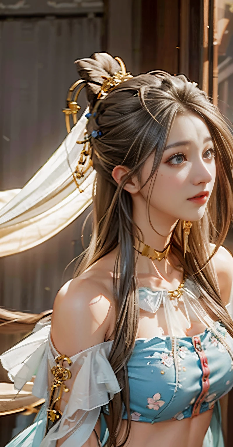 (Absurd, high-res, Super Detailed), 1girls, Shy, Shy, sweet gentle girl, intricate detailed, Enlarged surface, intricate detailed, Fine eyes and detailed faces, intricate detailed, Gray Hair, flowing hair, Clothing to cover hands, hand covering, large boobs, perfect breasts, areola, (Shut Up), (Perfect Eyes, Equal eyes), Complicated Damask Hanfu, Clothes transparent, Bare shoulders, navel, short skirt, super realistic, photo-hyper-realistic,