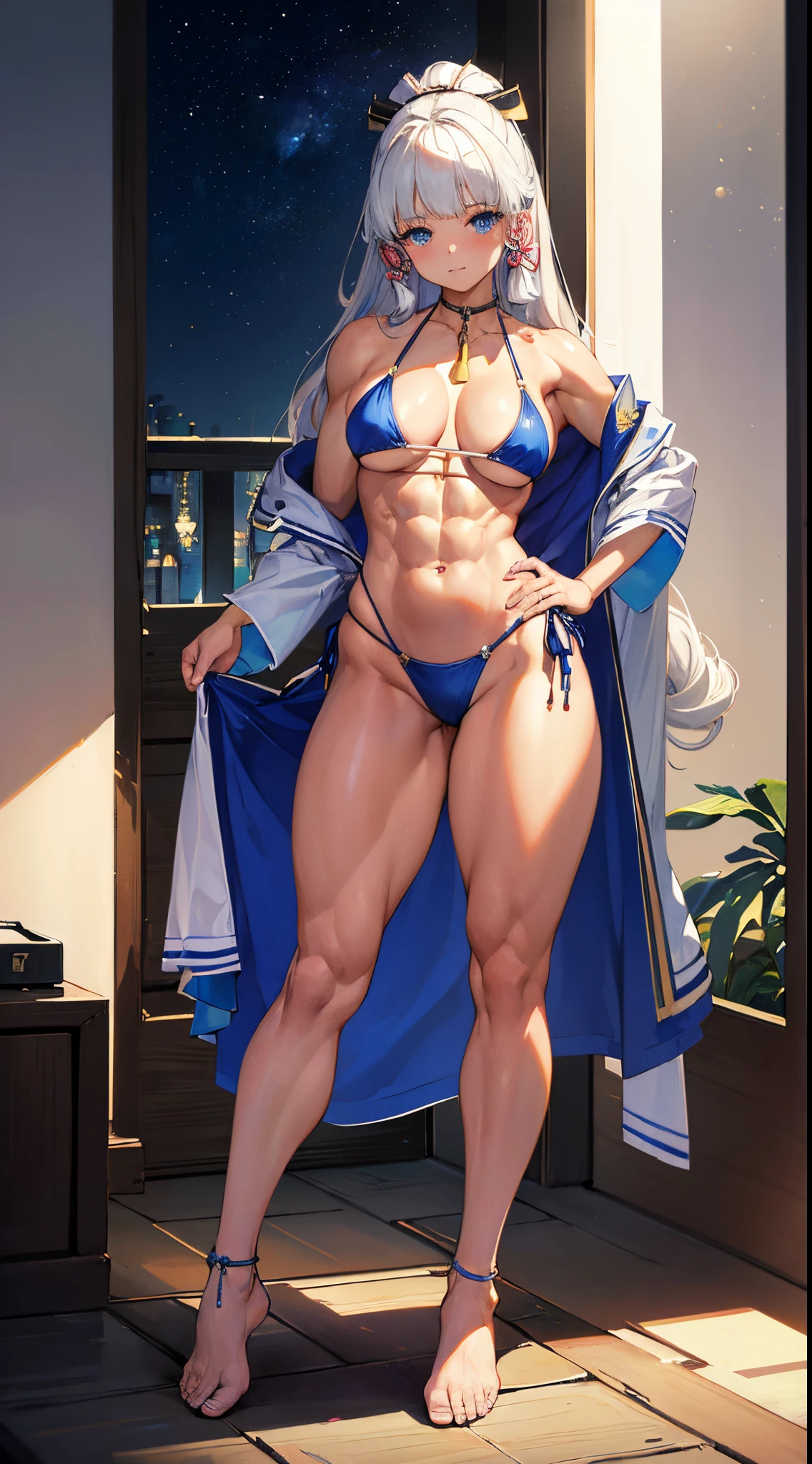 (((masterpiece))), 4k definition, highly detailed, (((extremely detailed eyes))), Detailed background, luminous lighting, crystal clear eyes, blue eyes, high quality, ultra-detailed, 8k, best quality, (1girl), floor, Shadow, backlight, light particles, coarse filtering thigh: 1.3), (best quality: 1.2), (super fine illustrations :1.2), (master piece), (master piece) , high quality, very high detail, (alone: 1.4), ((Round image)), 1 girl, (Kamisato Ayaka), smile, blush, closed mouth, thick, medium breasts, (((white hair))), on the beach at night with a starry sky and a full moon in the sky, from above, (full body photo), (muscular belly), (((in a very short and sexy bikini))), facing the camera, bare foot, (((showing his beautiful muscular legs)))