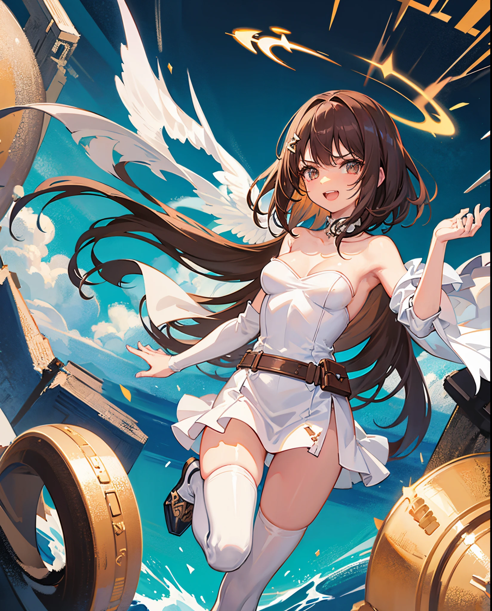 fantasy, 1angel_girl,child, loli,brown_hair, medium_bob_hair, long_bangs, halo,bare_shoulder,thighhighs,silver_armor, waist_armor, large_breasts,angry,grinning,open_mouth_teeth, 1pair_wings, dynamic_pose_fighting,floating, bare_crotch, headgear,gauntlet, greaves,city_sky_background,slightly_spread_legs, solo, groin_naked,dark_skin,