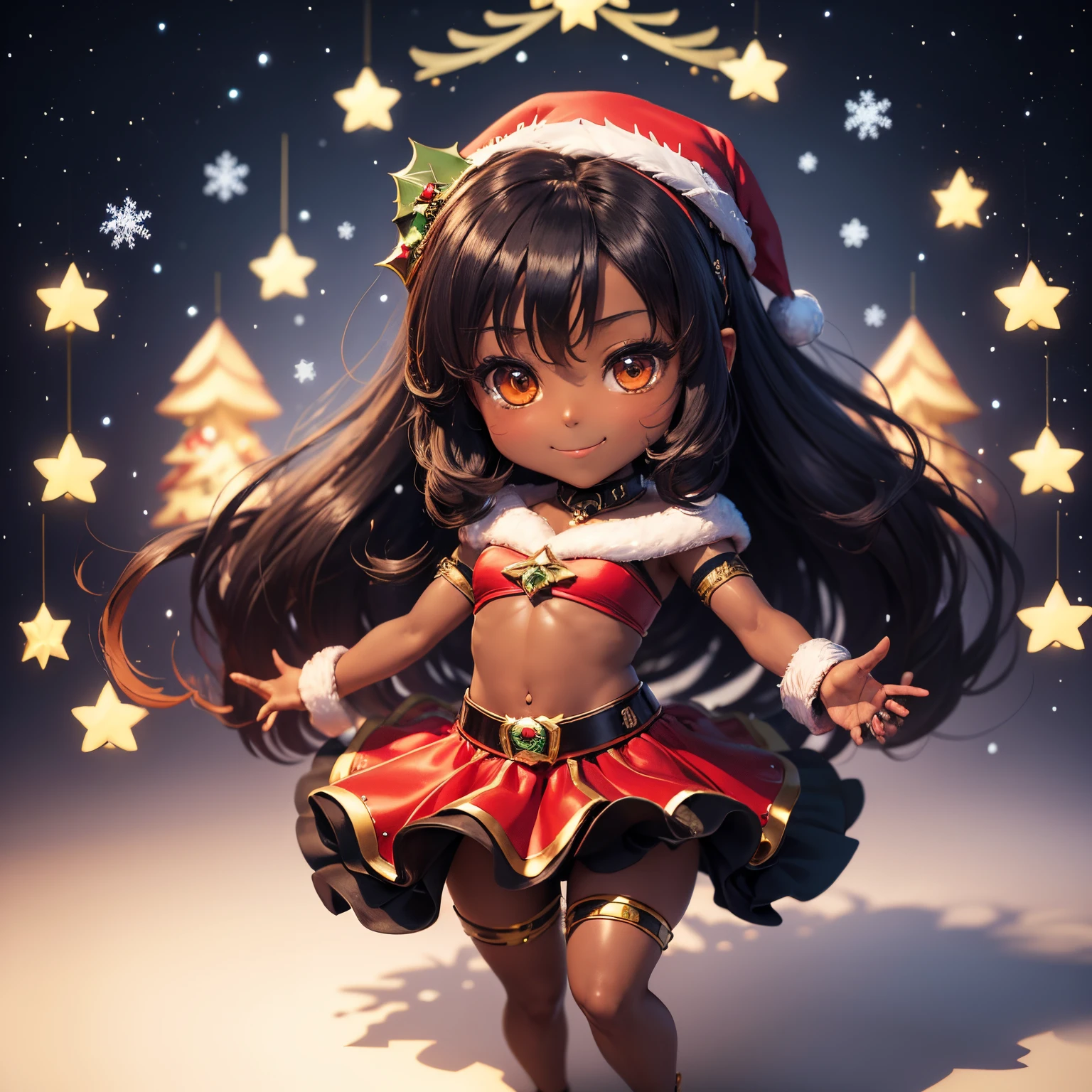 ​masterpiece、top-quality、ultra-detailliert、(Chibi character dark skin:1.3)、Belly dance cosplay with pareo、Hair swaying in the wind、Dance Dance、A smile、(decoration christmas cake:1.3)、Chibi Anime