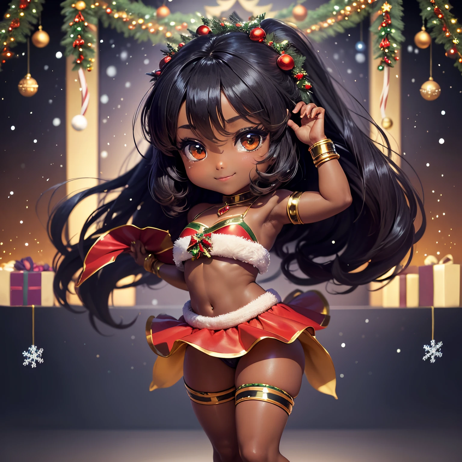 ​masterpiece、top-quality、ultra-detailliert、(Chibi character dark skin:1.3)、Belly dance cosplay with pareo、Hair swaying in the wind、Dance Dance、A smile、(decoration christmas cake:1.3)、Chibi Anime