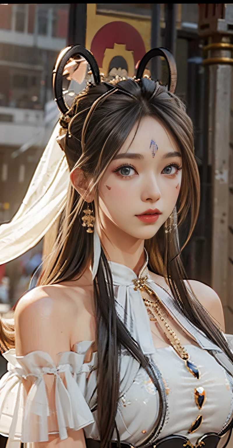 (Absurd, high-res, Super Detailed), 1girls, Shy, Shy, sweet gentle girl, intricate detailed, Enlarged surface, intricate detailed, Fine eyes and detailed faces, intricate detailed, Gray Hair, flowing hair, Clothing to cover hands, hand covering, large boobs, perfect breasts, areola, (Shut Up), (Perfect Eyes, Equal eyes), Complicated Damask Hanfu, Clothes transparent, Bare shoulders, navel, short skirt, super realistic, photo-hyper-realistic,