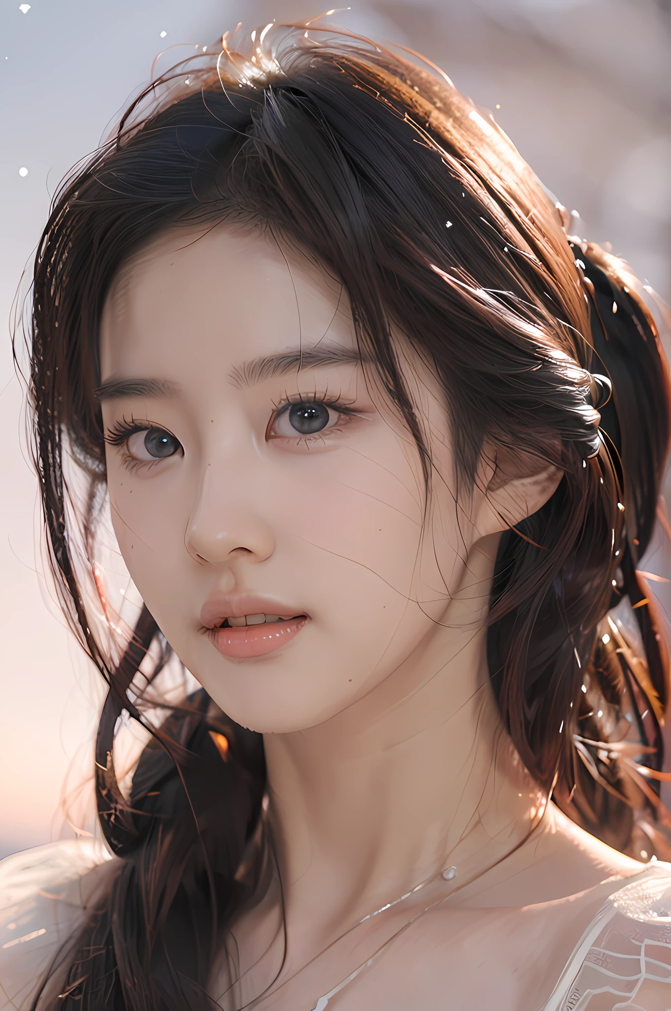 Detailed facial skin details Extremely detailed CG)),((8K_Wallpapers)),(((tmasterpiece))),((Best quality at best)),aquarelle_(middling),((beautiful detailed starry sky)),,looking at viewert,((Extremely detailed face)),((An extremely delicate and beautiful girl)),((Very detailed and cute anime faces and very detailed eyes, Extremely detailed body))),Bigchest, curlies, Wet hair,, ssmile,loose floral dress