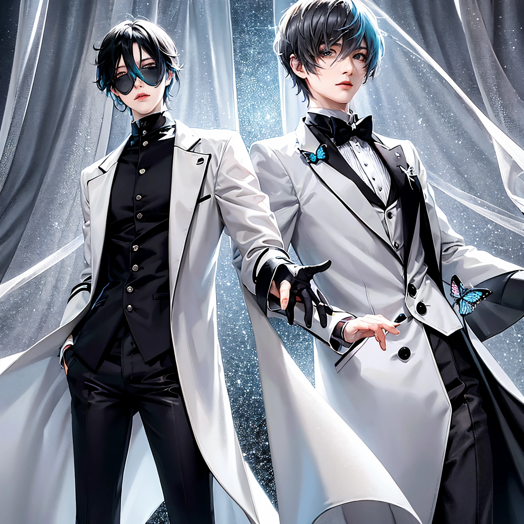 anime guy, an elegant anime guy, white trench coat made of black and white fabric, transparent curtains, transparent fleeting and fluttering fabric, silver butterflies, clear face, good anatomy