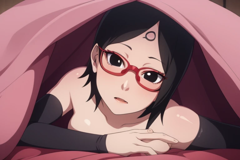 1girl,under covers, In Underwear, cum, black eyes, uchiha sarada, black hair, short hair, red glasses beautiful, beautiful woman, perfect body, perfect breasts,  masterpiece, textured skin, super detail, high detail, high quality, best quality, 1080p, 16k