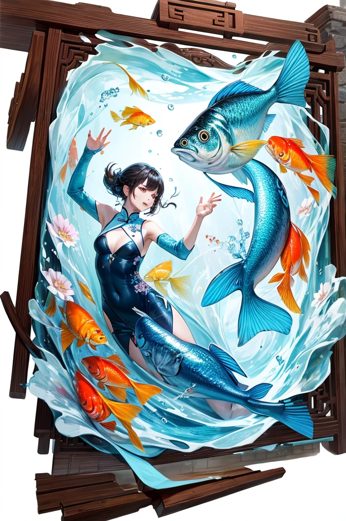 huaniao, [(White background:1.5)::5], mid-shot, Full body, Chinese style, Flowers,((Fish)),stone fragment, beautiful detailed water,Pool,