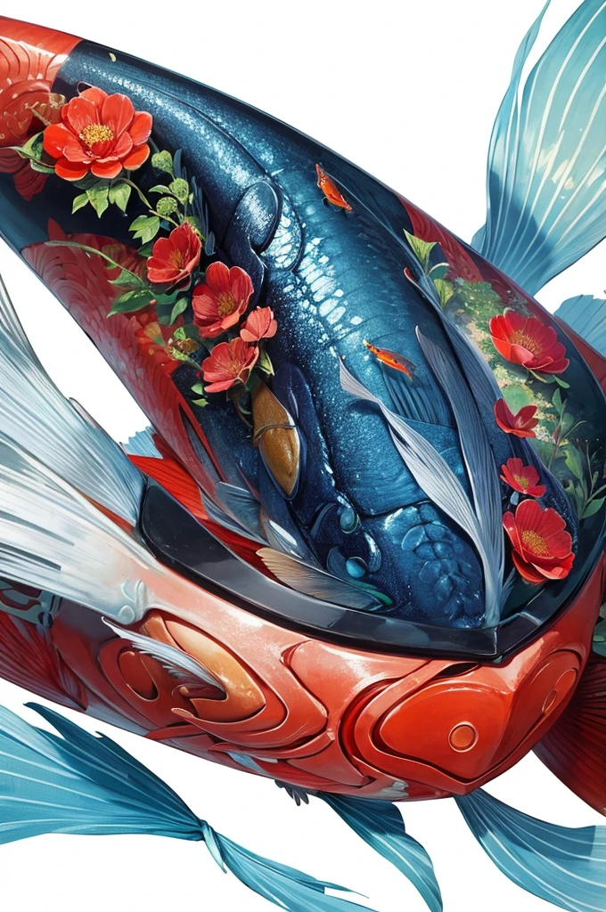 huaniao, [(White background:1.5)::5], mid-shot, Full body, Chinese style, Flowers,((Fish)),stone fragment, beautiful detailed water,Pool,