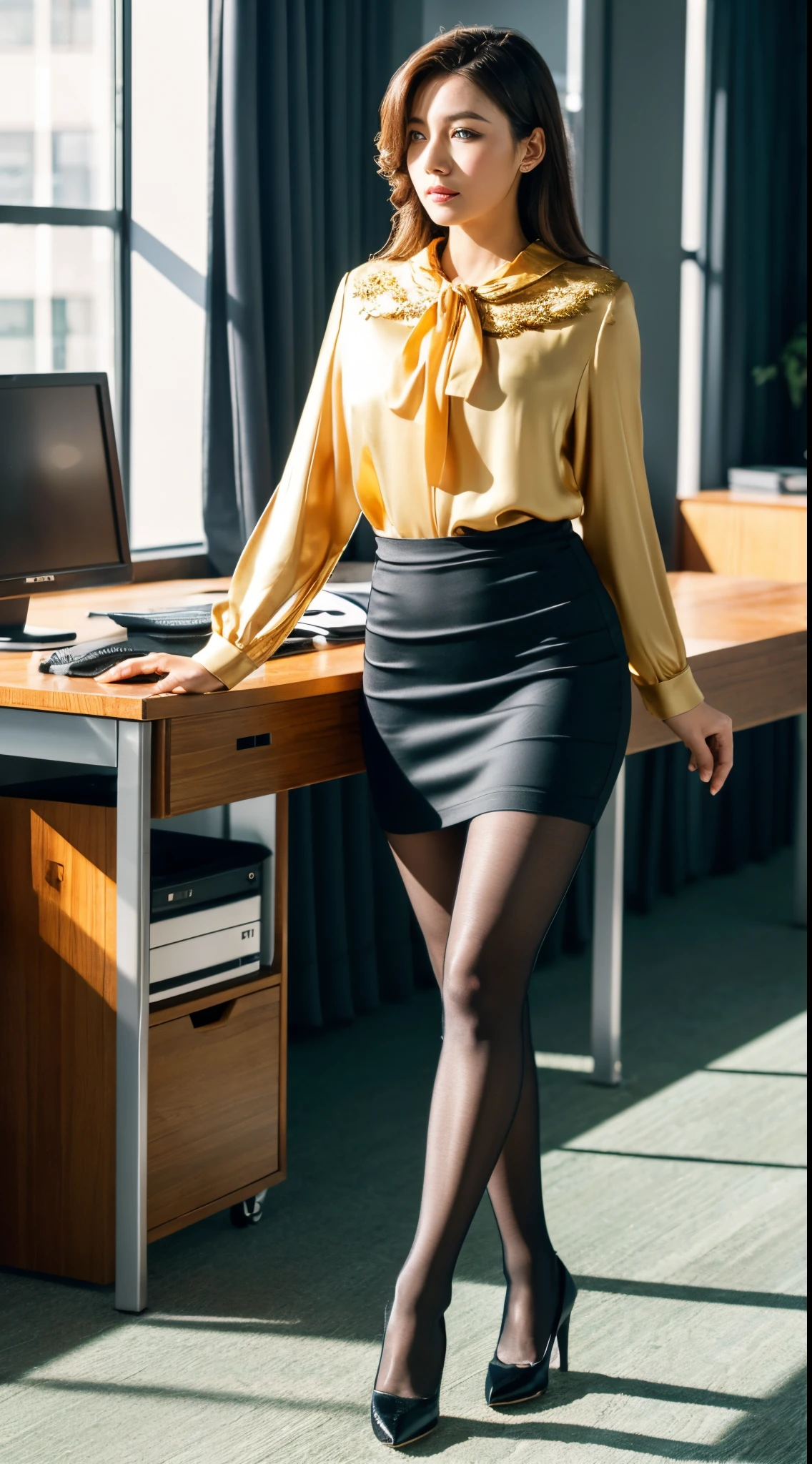 Bewitching beautiful mature elite secretary in luxurious silk blouse、40 years、stature 154cm、well-proportioned figure、The figure of the hourglass、Skirt and thighs、Walking along the corridor、Office Clothes, (Wearing pantyhose,Realistic Pantyhose)、working in an office、Wearing a satin blouse, Ultra-thin fabric、Slick、See-through fabric、girl wearing luxury high heels, Wearing an elegant blouse, Wearing an ultra-thin blouse, businesswoman, Blouses and skirts, Wearing a silk blouse, Wear shirts and skirts, goddess of Japan、Raw photo, (8K、top-quality、masterpiece:1.2)、(intricate detailes:1.4)、(Photorealsitic:1.4)、octane renderings、Complex 3D rendering ultra detail, Studio Soft Light, Rim Lights, vibrant detail, super detailing, realistic skin textures, Detail Face, Beautiful detail eyes, Very detailed CG Unity 16k wallpaper, make - up, (detailedbackground:1.2), shinny skin、turned around、Exposed thighs!!!,