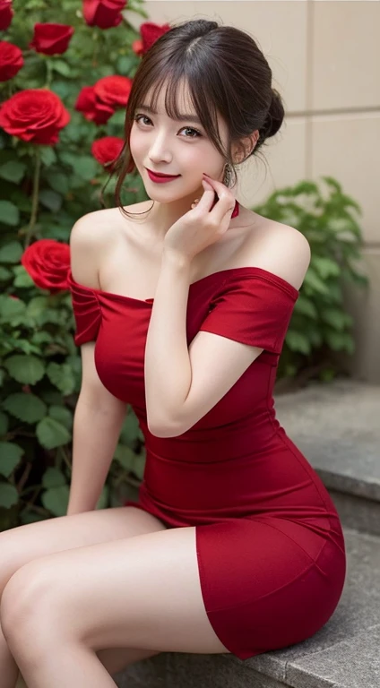 (wearing a long red party dress、red roses were blooming。 、Off-shoulder_Dress,:1.3),(side slits:1.1 )、masutepiece, Best Quality, Illustration, Ultra-detailed, finely detail, hight resolution, 8K Wallpaper, Perfect dynamic composition, Beautiful detailed eyes, Women's Fashion Summer,Ponytail hair,Small breasts natural color lip, Bold sexy poses,Smile,Harajuku、20 years girl、Cute、Sexy shot looking at camera, Big breasts about to burst :1.2、Boyleg、(Underwear shot while sitting with legs spread:1.2)、Show me your legs