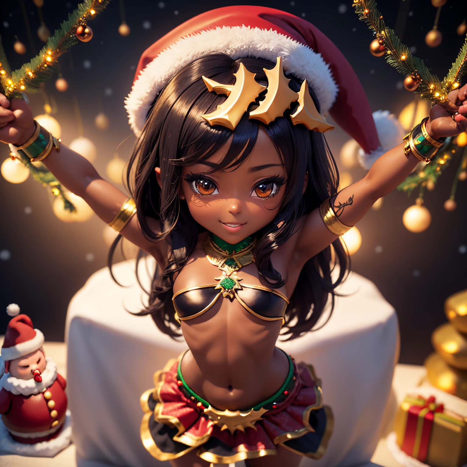 masterpiece、top-quality、ultra-detailliert、(Chibi character dark skin:1.3)、belly dance in pareo、Hair swaying in the wind、Dance Dance、A smile、(decoration christmas cake:1.3)、chibi anime 3d