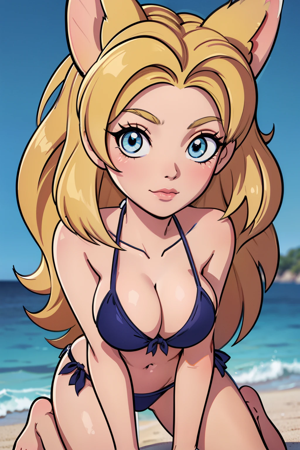 1girl, full body, teenager, solo, (very long waist length blonde hair, straight blonde hair: 1.28), ((light blue eyes)), perfect clear skin, (large darker fox ears: 1.35), pale skin, large breasts, cleavage, (thin hips, thin waist , athletic body: 1.25),  background, looking away, (wearing only a bikini: 1.5), kneeling in the sand, masterpiece, best quality,3d rending work ,3DMM style, close-up, portrait, 3D,