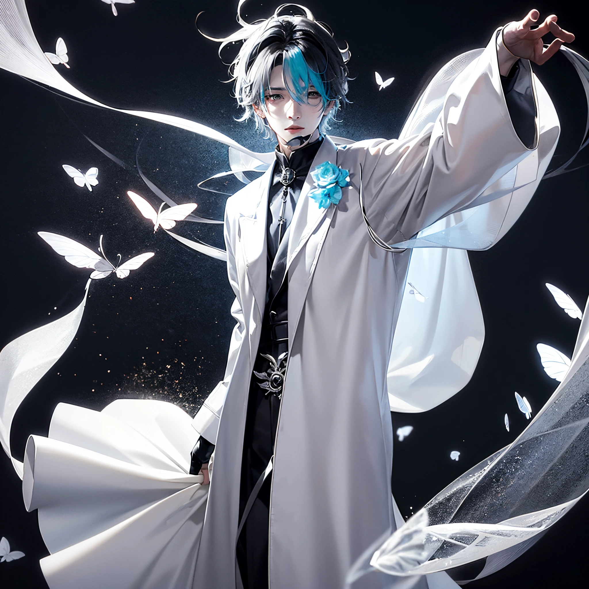 anime guy, an elegant anime guy, white trench coat made of black and white fabric, transparent curtains, transparent fleeting and fluttering fabric, silver butterflies, clear face, good anatomy