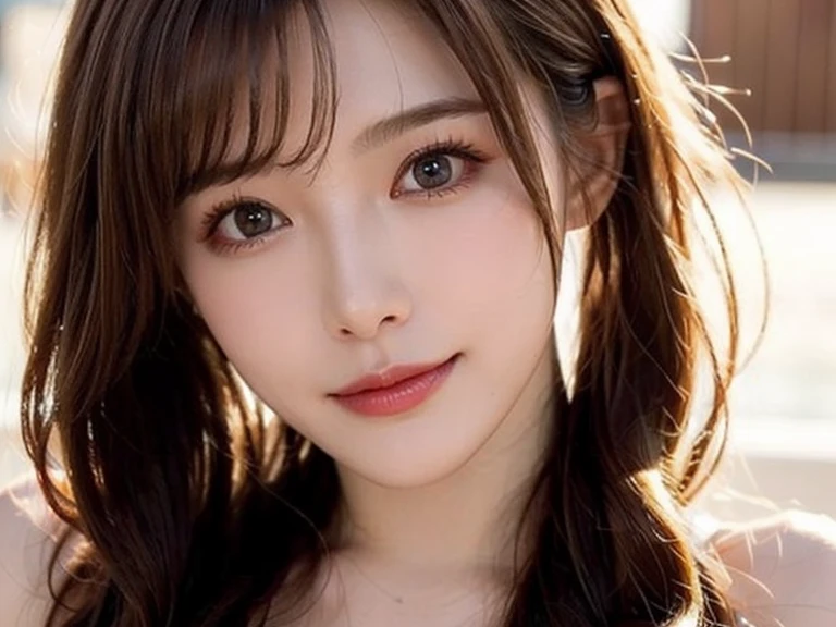 sad smile,Beautiful woman, very sexy body, ideal ratio body proportions,(medium breasts,pointy breasts,erect nipples:1.4), looking directly at the camera, sexy expression, breasts sandwiched between arms to create cleavage, breasts closer, beautiful collarbone, beautiful belly button, coquettish smile, naughty face, skin luster, big eyes, highlights in the pupils, clear double eyelids, eyelashes, long neck, beautiful middle hair, glossy light brown hair, bangs, Pure white and empty background, ears out, attractive colorful micro bikini or fancy underwear, oil on skin, gloss on lips