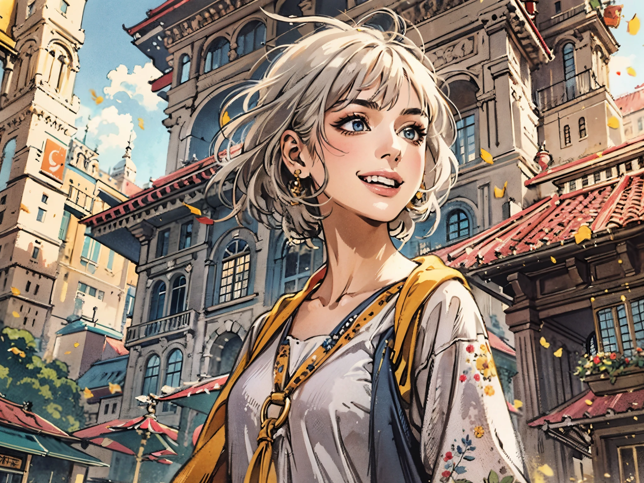 A girl with short gray hair, bright eyes, a cheerful smile, a joyful expression, a slender figure, a two-piece fantasy-realistic style jacket, short skirt that matching the outfit, barefoot, she happily leaps in front of a fantasy-style ancient ritual building, bright and soft color, this character embodies a finely crafted fantasy-realistic style girl in anime style, exquisite and mature manga art style, high definition, best quality, highres, ultra-detailed, ultra-fine painting, extremely delicate, professional, anatomically correct, symmetrical face, extremely detailed eyes and face, high quality eyes, creativity, RAW photo, UHD, 8k, Natural light, cinematic lighting, masterpiece-anatomy-perfect, masterpiece:1.5