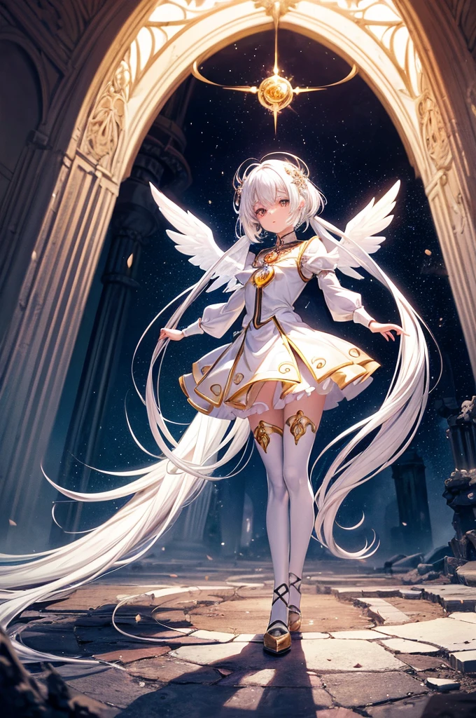 1.5),(1 girl),(Dynamic Pose),(multicolored hair+Silver hair:1.3+Red hair:1.2+Purple hair+Yellow hair:1.3+Green hair:1.3),(Blue eyes),(Neck ribbon),(floating),(cloud),(Too many drops of water),(Twilight),(watercolor paiting),(Wide Shot)
