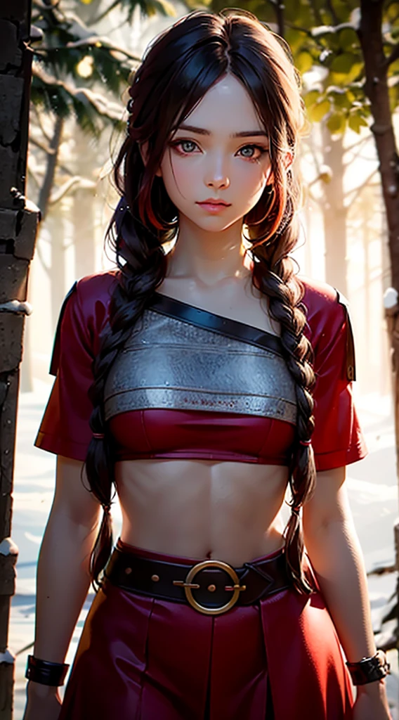 RAW, professional photograph, medium shot, photorealistic, realistic lights, realistic shadows, hyper-realistic, ray tracing, super detail, UHD, 8k, female, twenty years old, athletic body, soft facial features, long braided hair, viking hairstyle, straight hair, crimson hair, crimson eyes, viking dress, forest in winter