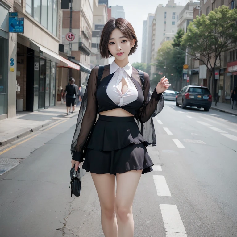 ((Layered haircuts、Colossal tits:1.2)),(8K,top-quality),full body shot shot,Watching from a distance,Distant shots,In the street,Pupils,JK skirt wearing a see-through shirt, adolable, ssmile, Thin face, short detailed hair, 32K, tmasterpiece, The highest image quality,超A high resolution,Perfect hands,up looking_で_peeping at the viewer,Wet skin, (((fullllbody))), fullllbody, Legs wide open, Open legs, look to the camera, Eye for detail, Beautiful eyes