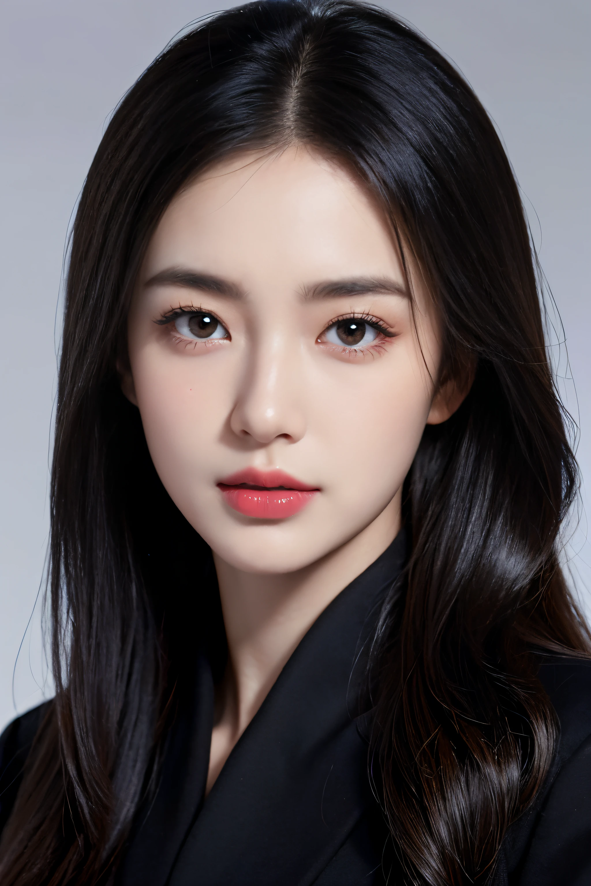 ((Show face only、Close-up of face)), tmasterpiece,Best quality at best,A high resolution,8K,(Portrait),((Head close-up)),Original photo,real photograph,digital photography,(The queen of the modern world),(Female president),20岁女孩,random hair style,red eyelash hair),Big breasts,Chest groove, accessories,Redlip,Keep your mouth shuegant and charming,Serious and arrogant,Calm and handsome,(Women's professional wear,Black),Photo pose,Realisticstyle,greybackground,oc render reflection texture