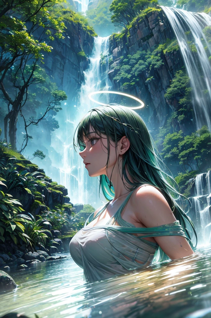 (lush,serene,beautiful landscape,chaotic and turbulent waterfall,light trail,detailed reflection,complexity,high detail,graphic novel style, masterpiece:1.2,photorealistic,extremely detailed,8k,thicker,hazy background lighting,halo,flash,chromatic aberration,bokeh,sharp focus)