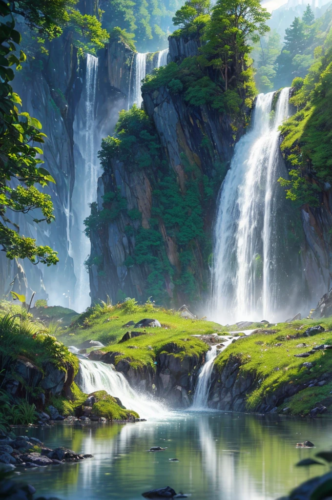 (lush,serene,beautiful landscape,chaotic and turbulent waterfall,light trail,detailed reflection,complexity,high detail,graphic novel style, masterpiece:1.2,photorealistic,extremely detailed,8k,thicker,hazy background lighting,halo,flash,chromatic aberration,bokeh,sharp focus)