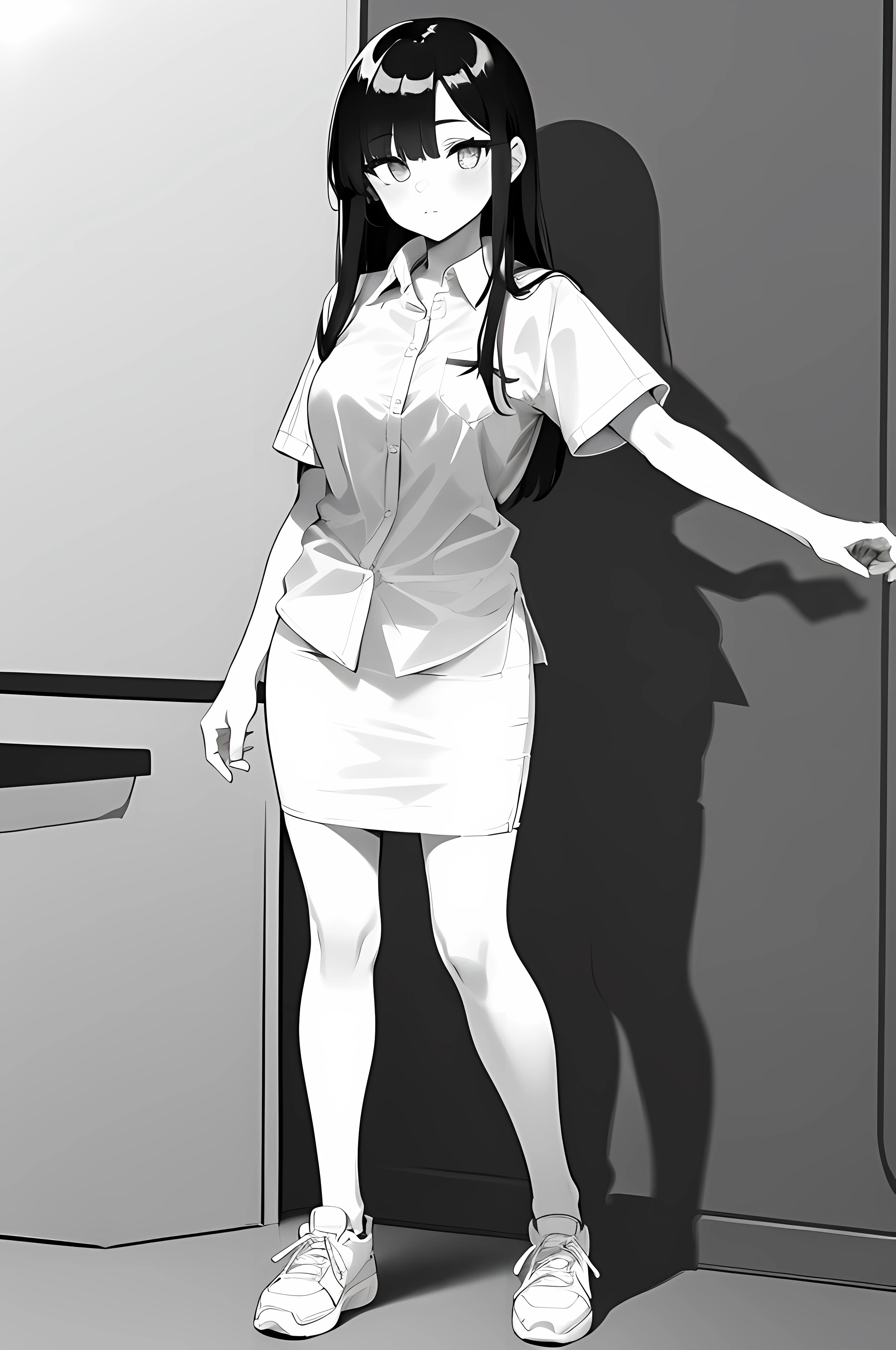 1woman, famale, age 19, (student:1.1), (detailed eyes:1.5), quality eyes, shirt, (short sleeves:1.1), Untucked, (Untucked Shirt:1.8), ((long pencil skirt:1), (white:2)), (full body:1.1), anime line art, line art, manga, black and white, ((Monochrome:1.5)), high quality, detailed, ((best quality)), (masterpiece), ((4k quality))