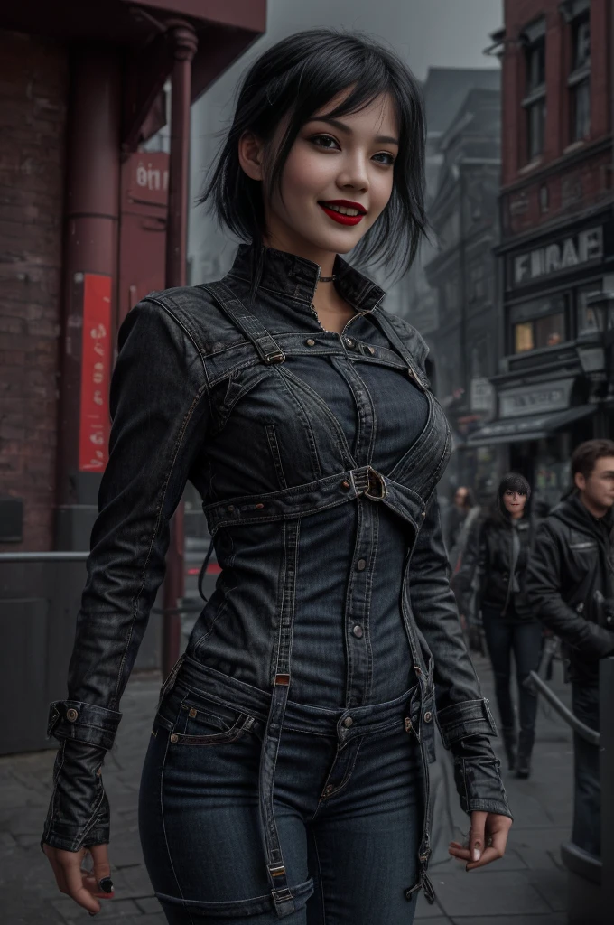 female vampire, Smiling, vampire fangs, vampire teeth, Maniacal Face, (crazy expression), Bright Red Eyes, bright lips, black hair, black jacket & apex, Jeans, mist, Very beautiful landscapes, Night City Street, Shot Full Body, looking at the camera, снято на Nikon AF-S NIKKOR 14-24mm f/2.Объектив 8G ED, day light, Photos from the nightclub