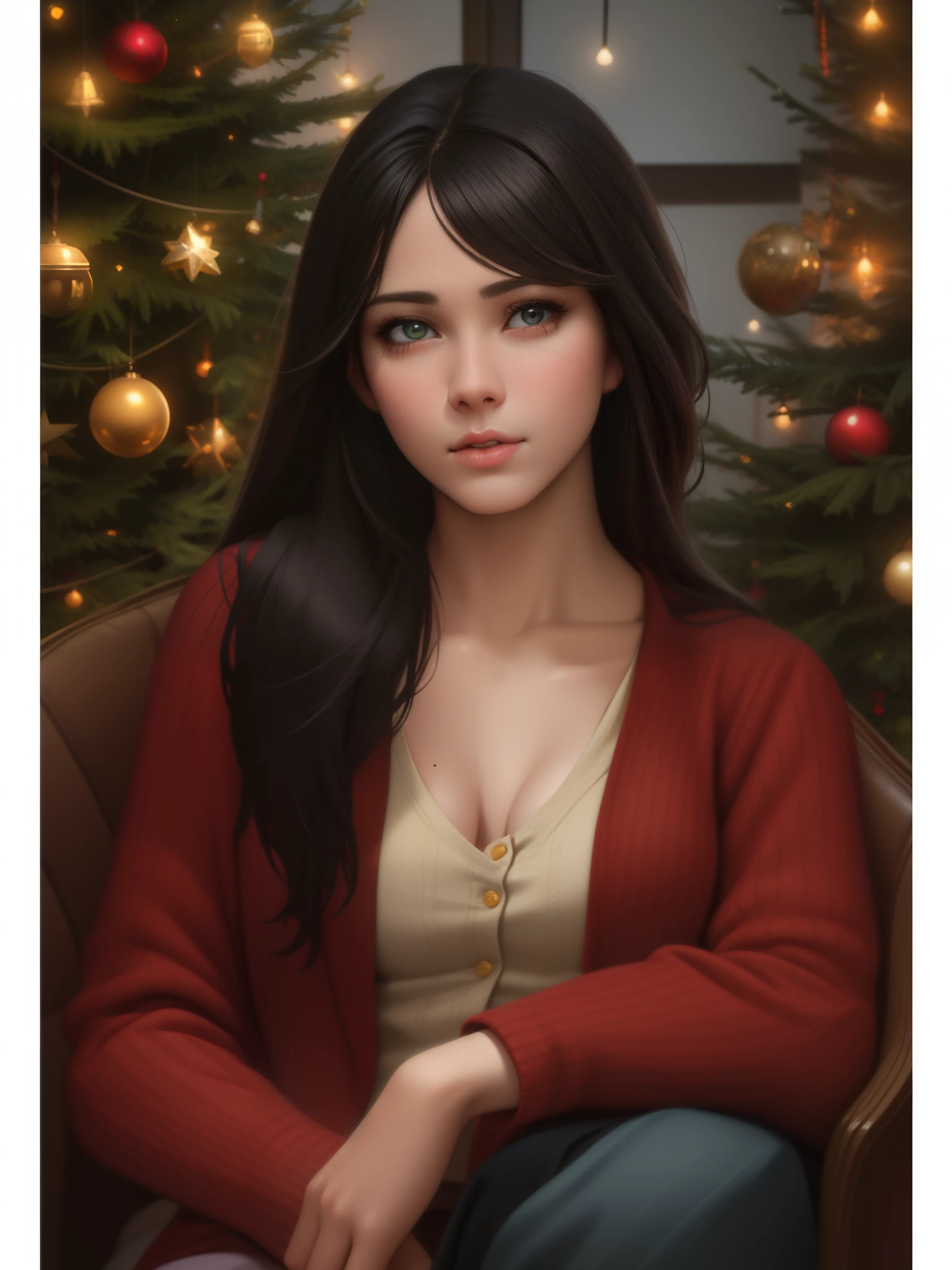 a painting of a woman, sitting in front of the Christmas tree, artgerm portrait, in the art style of bowater, 8K Artgerm Bokeh, realistic art style, 🤤 Portrait Of Girl, artwork in the style of guweiz, detailed character portrait, extremely detailed artgerm, artgerm and atey ghailan, charlie bowater art style