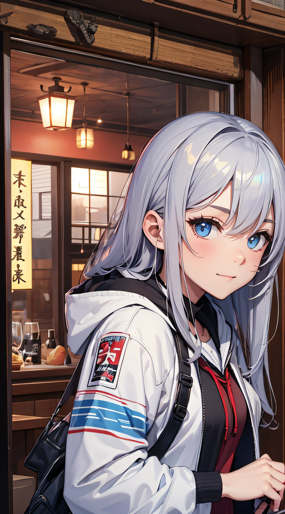 top-quality、Top image quality、masterpiece、teens girl((White and blue open-chest hoodie、Black skirt、18year old、 Ager、Best Bust、big bast,Beautiful light blue eyes, Long silver hair、A slender,Large valleys、Reflecting the whole body、Leaning forward、put red sunglasses on your eyes、jumping pose、Excited face、Drunk,Japan holding a sword)),hiquality、Beautiful Art、Background with(( sushi restaurant))masterpiece、depth of fields,