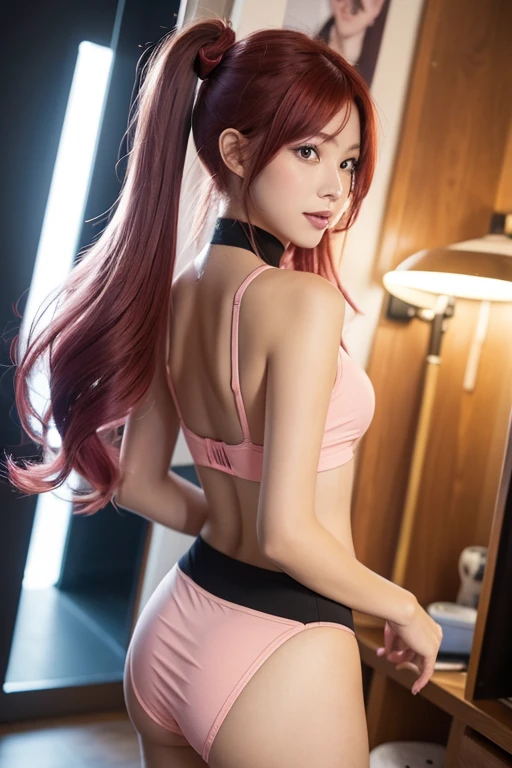 Glowing art: 1.0), (bright, a sketch, painting of a: 1.0), One Piece Nami, By bangs, Red eyeright shimmer in hair, Be red in the face, 鎖骨, hair between eye, long whitr hair, looking at viewert, the good, with her mouth open, with pink hair, sportrait, Shiny, shinny hair, side ponytails,