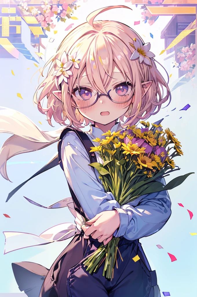 ultra detailed, best quality, high resolution, ((8k)), ((1girl)), pale skin, petite, (blonde hair), (very short hair), (ahoge:1.3), (glasses), pointy ears, (blush:1.5), blue eyes, medium breasts, cowboy shot, (seductive smile), open mouth, ((flower shop:1.5)), (bandana), ((big bouquet)), ((windy:1.5)), (apron:1.2), (overalls), ((shine:1.3)), (confetti:1.3), ((chibi:1.5))