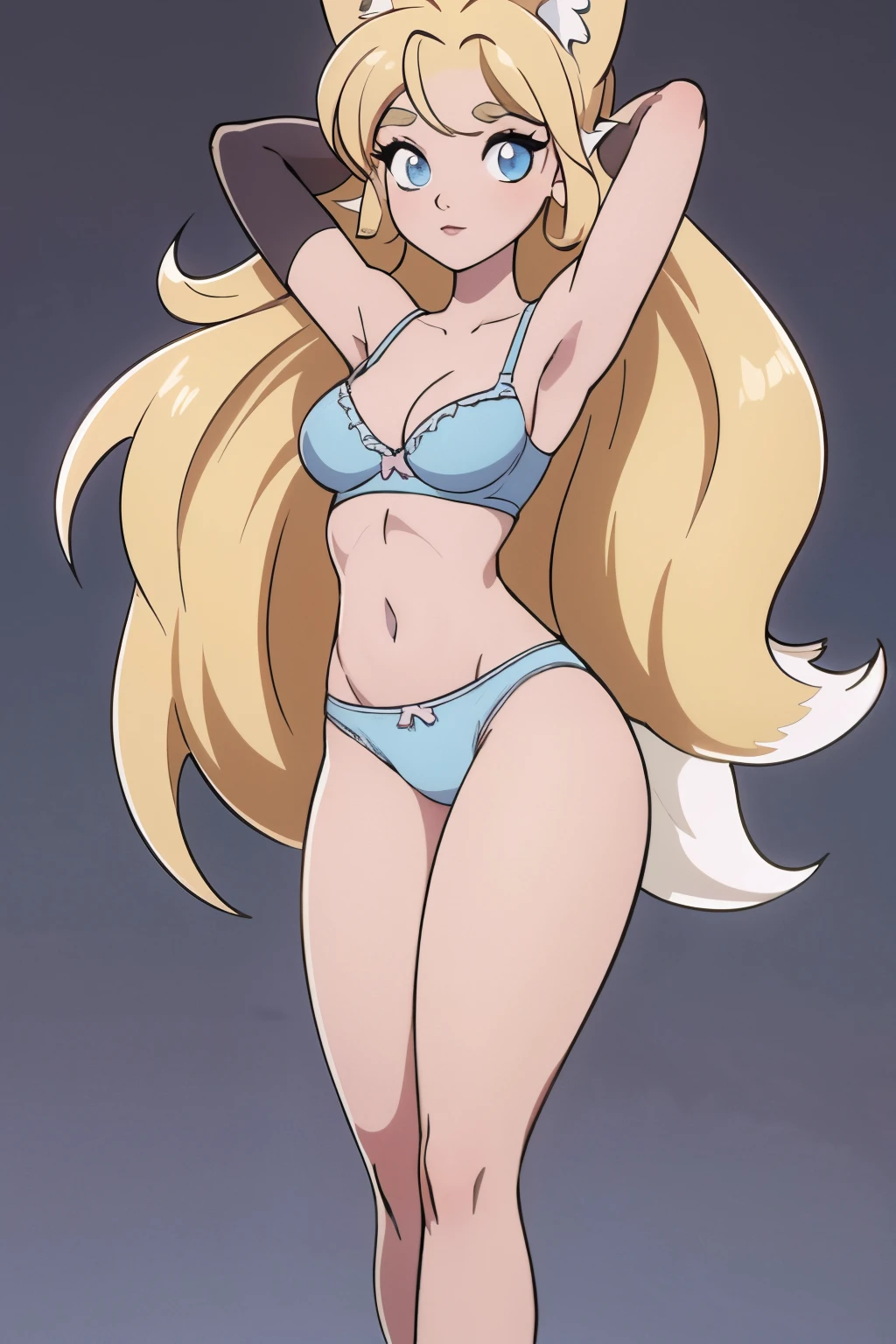 Beautiful 1girl, full body, ager, solo, (very long waist length blonde hair, straight blonde hair: 1.28), ((light blue eyes)), clear skin, (large darker fox ears: 1.45), pale skin, medium breasts, cleavage, (thin hips, thin waist , athletic body: 1.25), background, looking away,, revealing clothes, (wearing bra & panties: 1.5), (arms behind head:1.7), 4k textures, soft light, elegant, highly detailed, sharp focus, soothing tones,