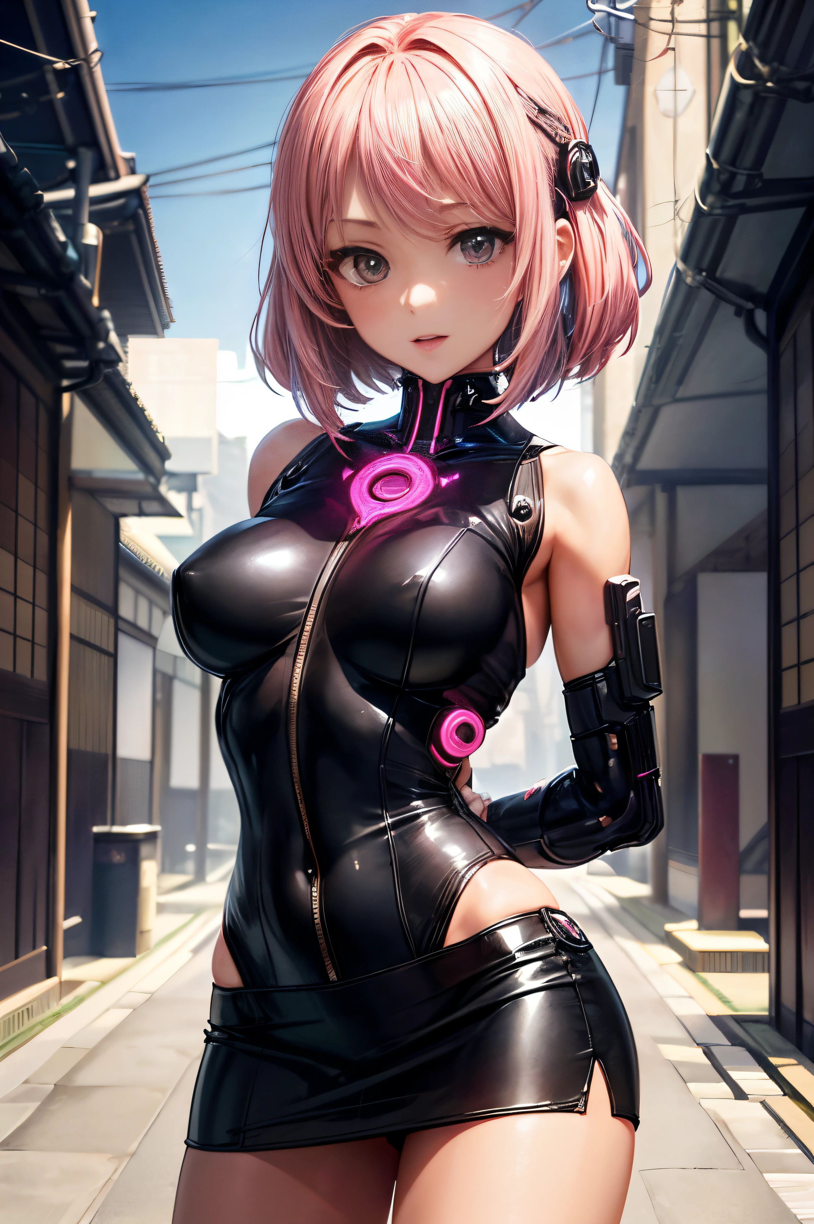 ((cyberpunked:1.5)),((Anatomically correct hand:1.5)), Anime, Sexy, ((In Kyoto Animation Style:1.5)), super precision, masterpiece, very extremely beautiful, Princess Face, ((1人の女性)), ((Solo:1.5)), ((Pink hair:1.5)), ((BobKat 1.5)), BREAK, ((Black eyes)), short-cut, ((Straight hair)), BREAK, Full limbs,((complete fingers:1.5)), NSFW, ((Cyberpunk Bodysuit)), ((a miniskirt:1.5)), BREAK, ((Skindentation)), Professional Lighting, (25-years old), Narrow waist, Shiny skin (Brown skin), ((Oiled skin)), glistning skin, Looking at Viewer, Cowboy Shot, ((Dynamic Pose:1.5)), Looking at the camera, inside in room, A slight smil, Slightly open mouth, ((Cute)), ((squatt)), ((Arms behind your back:1.5)), Ultra-fine eyes, Ultra-fine face, ((thin lips:1.5)), ((drooping eyes)), A slight smil, ((portlate:1.5)), faces, Looking at the camera, large boob, frombelow, ((Shunguang)),