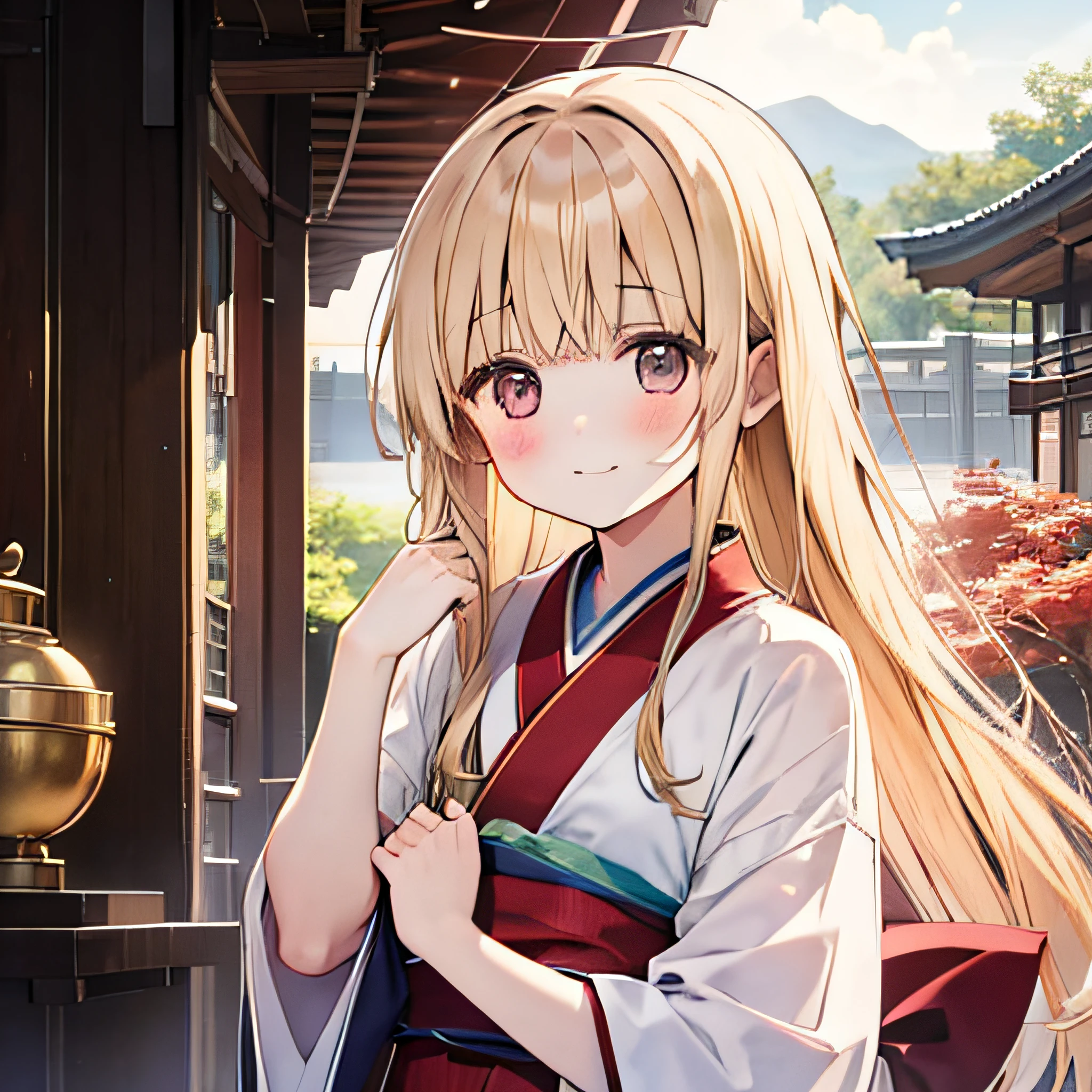 Wavy blonde hair,one girls,独奏,((red blush)),shrines,shrine maiden clothe,A smile