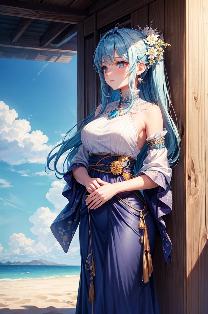 beautifully drawn, High quality, Super detailed CG illustration of a woman with a gentle expression, Staring into the distance with light blue hair gently swaying in the desert breeze. The view behind her is vast and breathtaking, Draw viewers into a world of wonder and exploration.