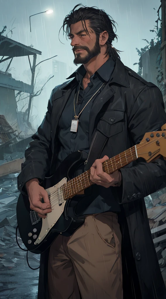 There is a man playing the electric guitar on room of ruin, it rains and smoky, dark midnight blue neon foggy sky, broken glass fence frame, bonfire are there, he gets wet in the rain, droplets, gigachad muscles, wearing a shoulder-padded dark deep green trench coat, wearing black dress shirt as inner, muscular men , male art, Eric Clapton, Commission for high resolution, Very heavy vignette!!!,hard ,Nothing is worn, slight laugh,veiny muscles,,shaggy lumpy body,Silver Plate Tag Necklace,Dad with extreme muscle mass,Black little long shaved side hair,Cropped beard face, little laugh, Around 50 years old,tanned brown skin,ultra-detailliert,High quality,Realistic and smooth skin texture,Photorealistic Dandy Guy,Light and shadow