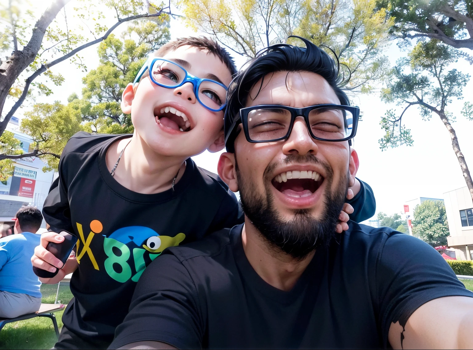boy with glasses and a black shirt  taking a selfie with his dad, with a kid, ???, selfie, selfie photo, at a park, 8k selfie photograph, panting, happy ???, with funny feeling, with kind face, foto, avatar image, taken on go pro hero8, at the park, with wart, potrait, selfie!!!!!