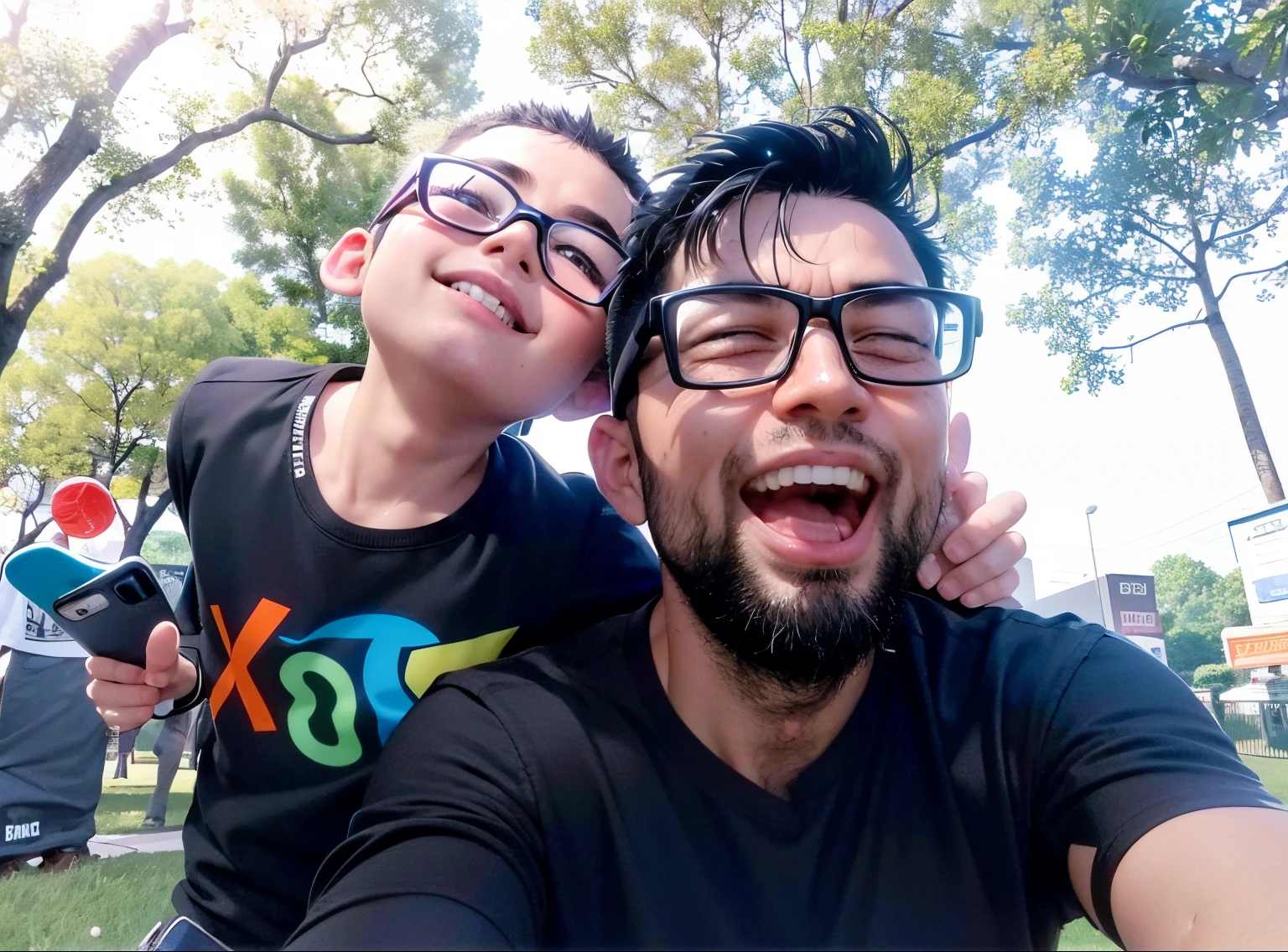 boy with glasses and a black shirt taking a selfie with his dad, with a kid, ???, selfie, selfie photo, at a park, 8k selfie photograph, panting, happy ???, with funny feeling, with kind face, foto, avatar image, taken on go pro hero8, at the park, with wart, potrait, selfie!!!!!