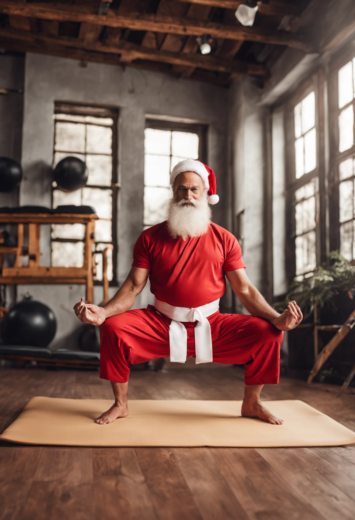 papai noel corpo inteiro em manto, doing exercises on a pilates mat, dentro de um studio, em pose de pilates, ultra realista.