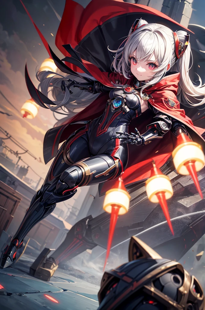 The photo is、 (Cute) Adeptus Mechanicus girl. Her gaze is penetrating, and her face is hidden under a mask with monitors and LEDs. Graceful mechanical limbs complete her elegant appearance, And her outfit is、Highlighting her strength and uniqueness in the world of technology, Big head, Cute Girl, red cloak , Laughing, (((Chibi)), fullllbody, full legth,