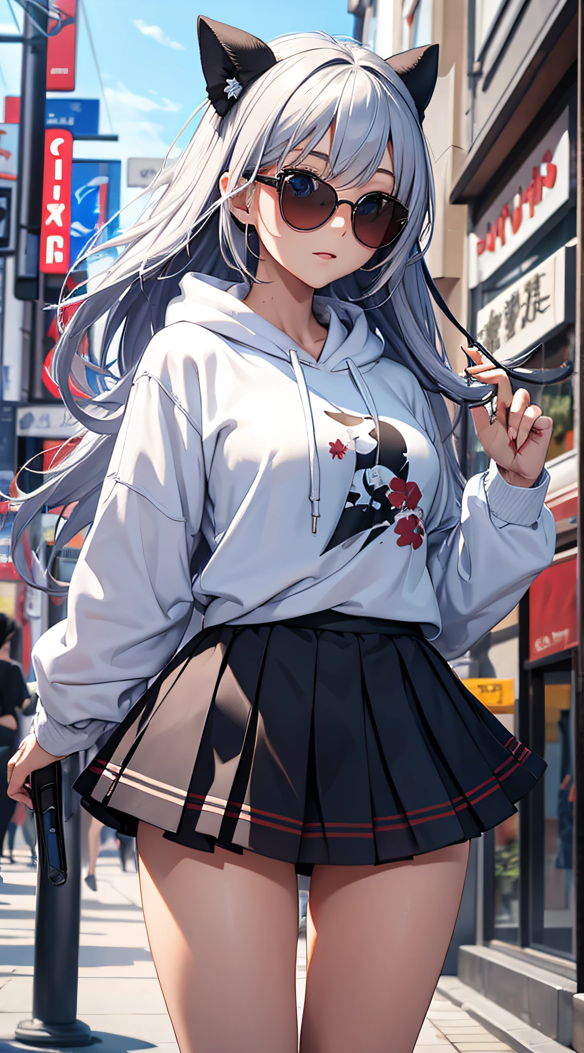 top-quality、Top image quality、masterpiece、s girl((White and blue open-chest hoodie、Black skirt、18year old、 Ager、Best Bust、big bast,Beautiful light blue eyes, Long silver hair、A slender,Large valleys、Reflecting the whole body、Leaning forward、put red sunglasses on your eyes、jumping pose、Excited face、Drunk,Japan holding a sword)),hiquality、Beautiful Art、Background with(( shopping street、Shinjuku Kabukicho))masterpiece、depth of fields,