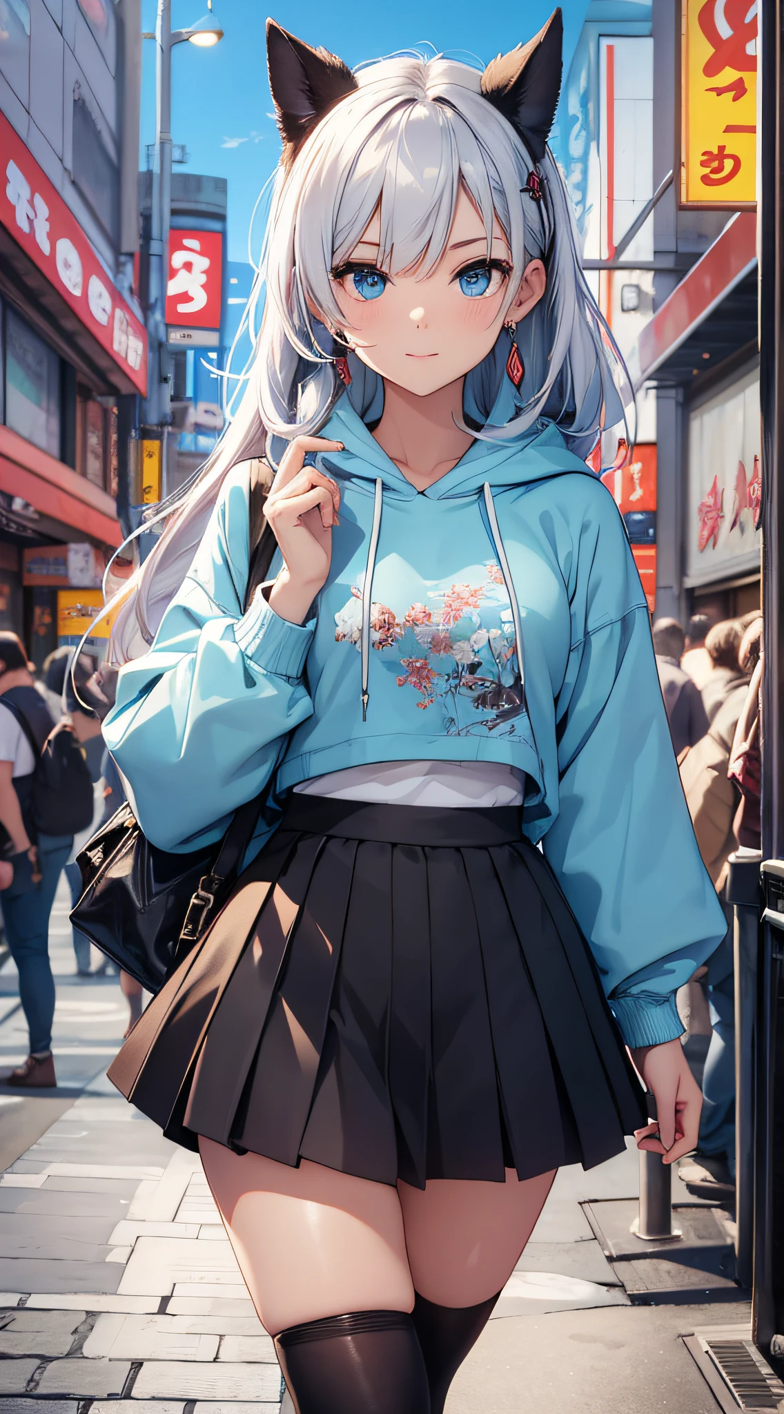 top-quality、Top image quality、masterpiece、teens girl((White and blue open-chest hoodie、Black skirt、18year old、 Ager、Best Bust、big bast,Beautiful light blue eyes, Long silver hair、A slender,Large valleys、Reflecting the whole body、Leaning forward、put red sunglasses on your eyes、jumping pose、Excited face、Drunk,Japan holding a sword)),hiquality、Beautiful Art、Background with(( shopping street、Shinjuku Kabukicho))masterpiece、depth of fields,