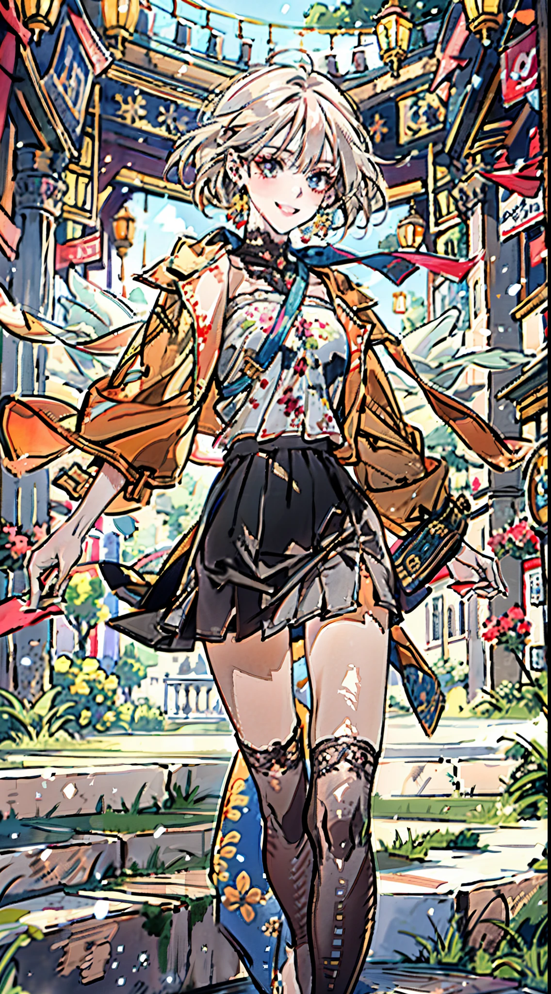 A girl with short gray hair, bright eyes, a cheerful smile, a joyful expression, a slender figure, a two-piece fantasy-realistic style jacket, short skirt that matching the outfit, barefoot, she happily leaps in front of a fantasy-style ancient ritual building, bright and soft color, this character embodies a finely crafted fantasy-realistic style girl in anime style, exquisite and mature manga art style, high definition, best quality, highres, ultra-detailed, ultra-fine painting, extremely delicate, professional, anatomically correct, symmetrical face, extremely detailed eyes and face, high quality eyes, creativity, RAW photo, UHD, 8k, Natural light, cinematic lighting, masterpiece-anatomy-perfect, masterpiece:1.5