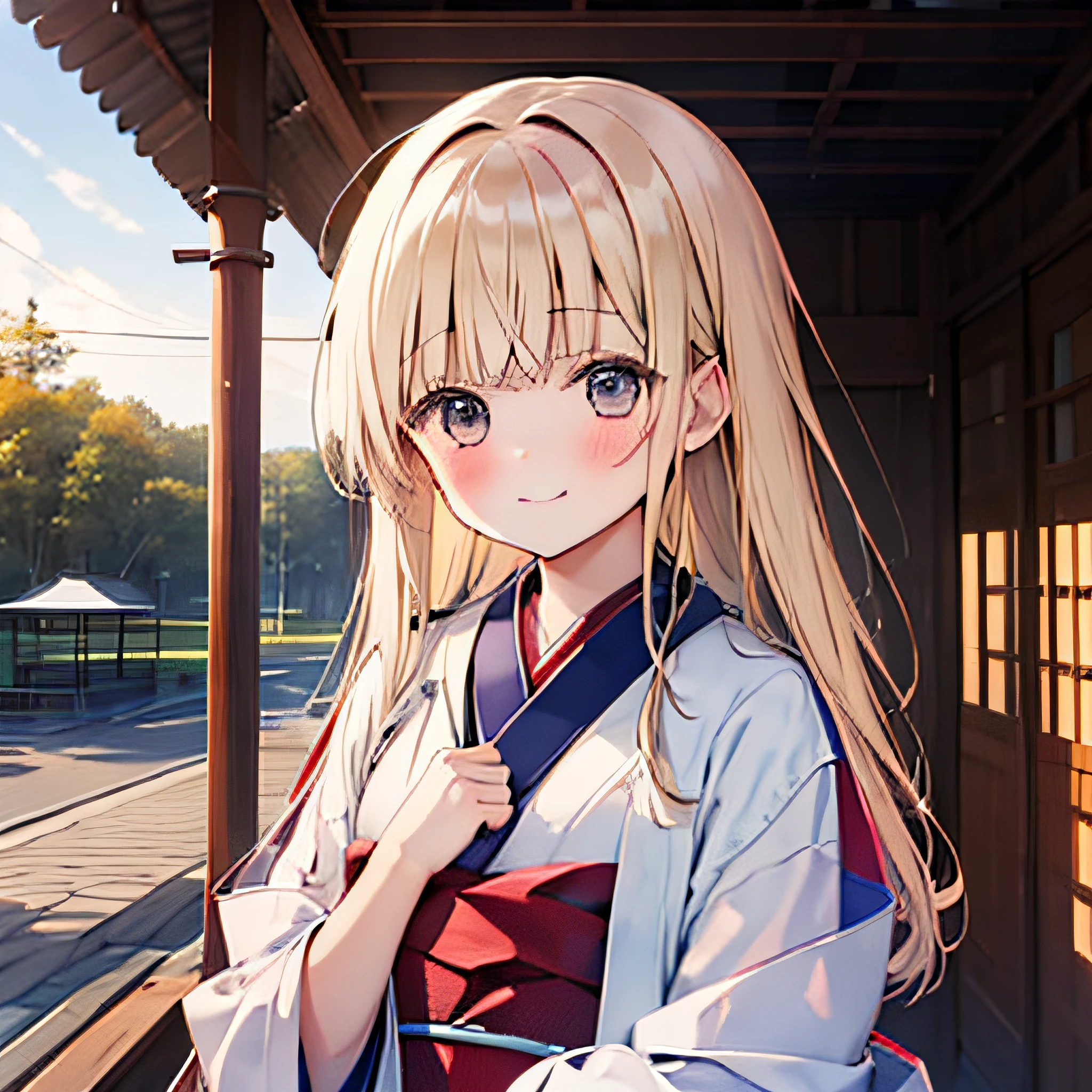 Wavy blonde hair,one girls,独奏,((red blush)),shrines,shrine maiden clothe,A smile