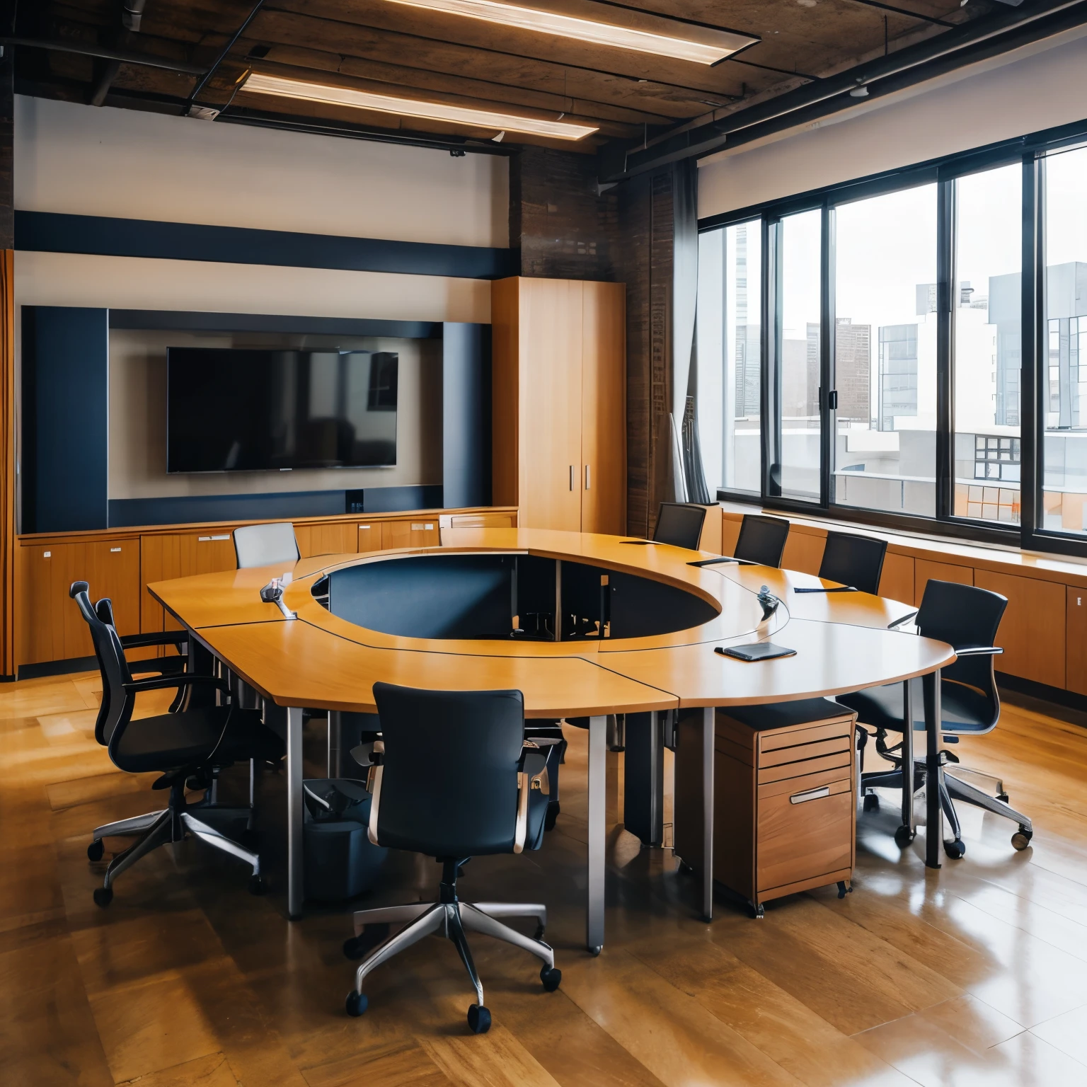 Conference room with long, narrow, round desks